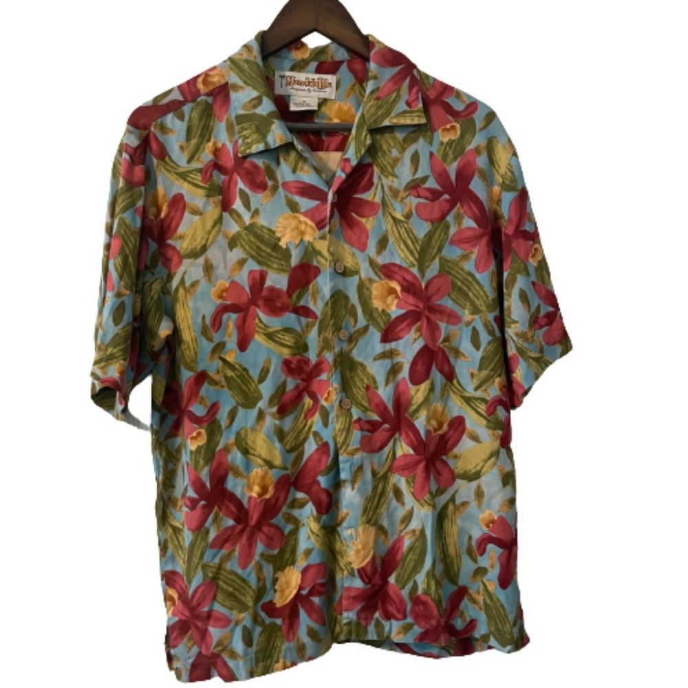 Honolulu Lulu Tropical Floral Silk Hawaiian Button Up Shirt Small